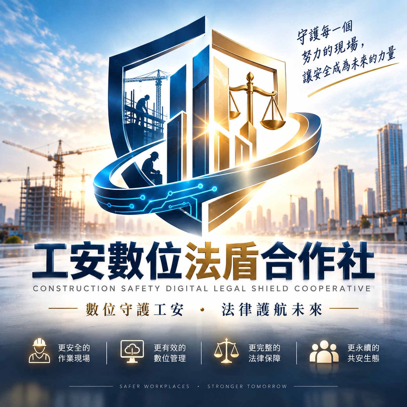 工安數位法盾合作社主視覺:盾牌內含營造工地與法律天秤,環繞數位軌跡