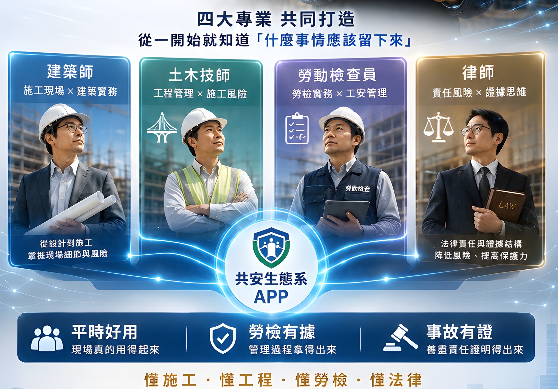 四大專業共同打造共安生態系 APP:建築師、土木技師、勞動檢查員、律師;平時好用、勞檢有據、事故有證